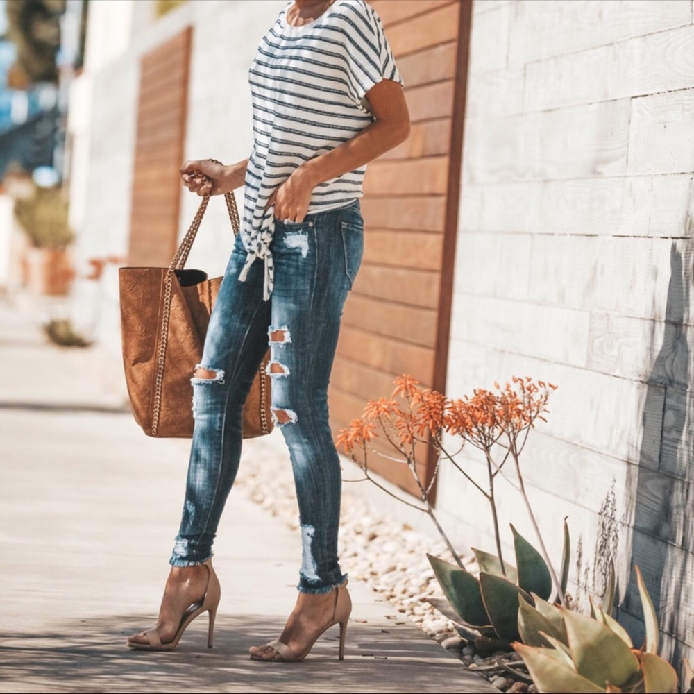 Distressed Denim Ankle Skinny Dark Wash Jeans - Picture 3 of 8